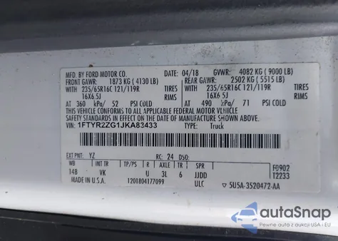 2018 Ford Transit-250 from USA, damaged, VIN 1FTYR2ZG1JKA83433